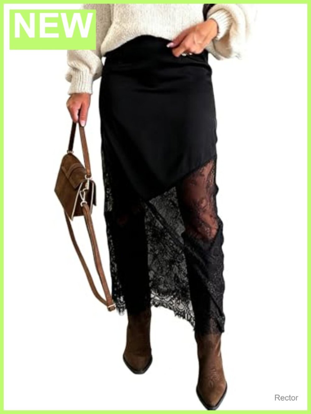 Satin Lace Patchwork High Waist A-Line Maxi Skirt Evening